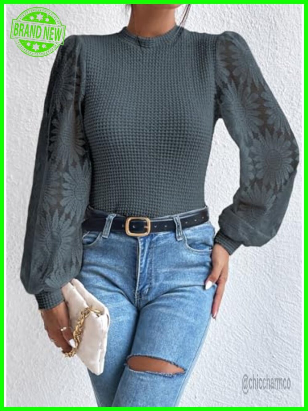 Women's Crochet Lace Long Sleeve Blouse Waffle Knit Tunic Crewneck Pullover - Picture 2 of 6